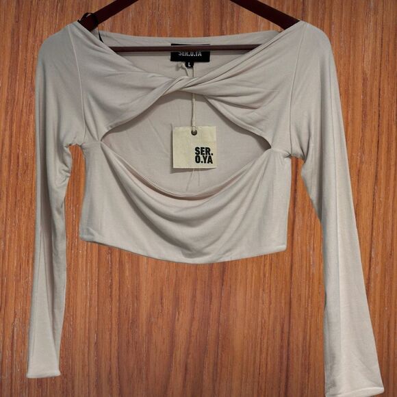 Ser.o.Ya Womens Artemis Top Size L Cream Cut Out Long Sleeves Cropped NWT - Picture 2 of 10